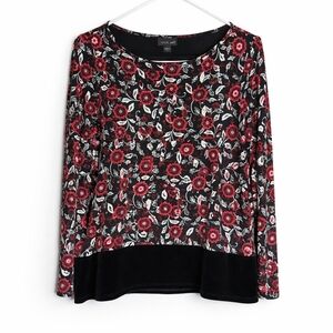 J. Jill Wearever Collection Floral Top Black Red Stretch Knit Size XS